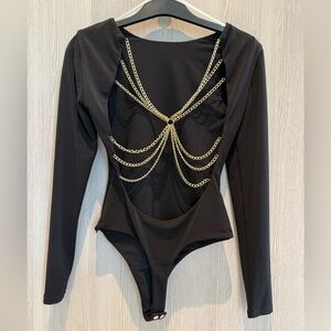 Alice + Olivia Back Bodysuit with Open Back Gold Chain, Size XS